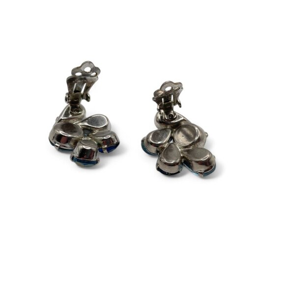 Vintage Blue and AB Rhinestone Clip-On Earrings Large Stones Prong Set Silver - Picture 9 of 10